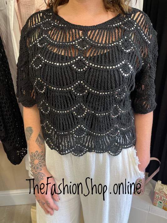 Jayda black crochet sparkle top 8-14