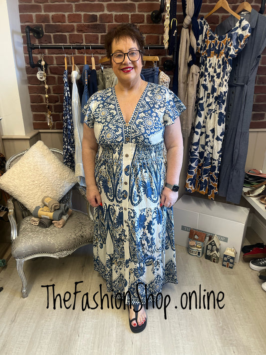 Harmony Denim Blue and cream printed dress 10-18
