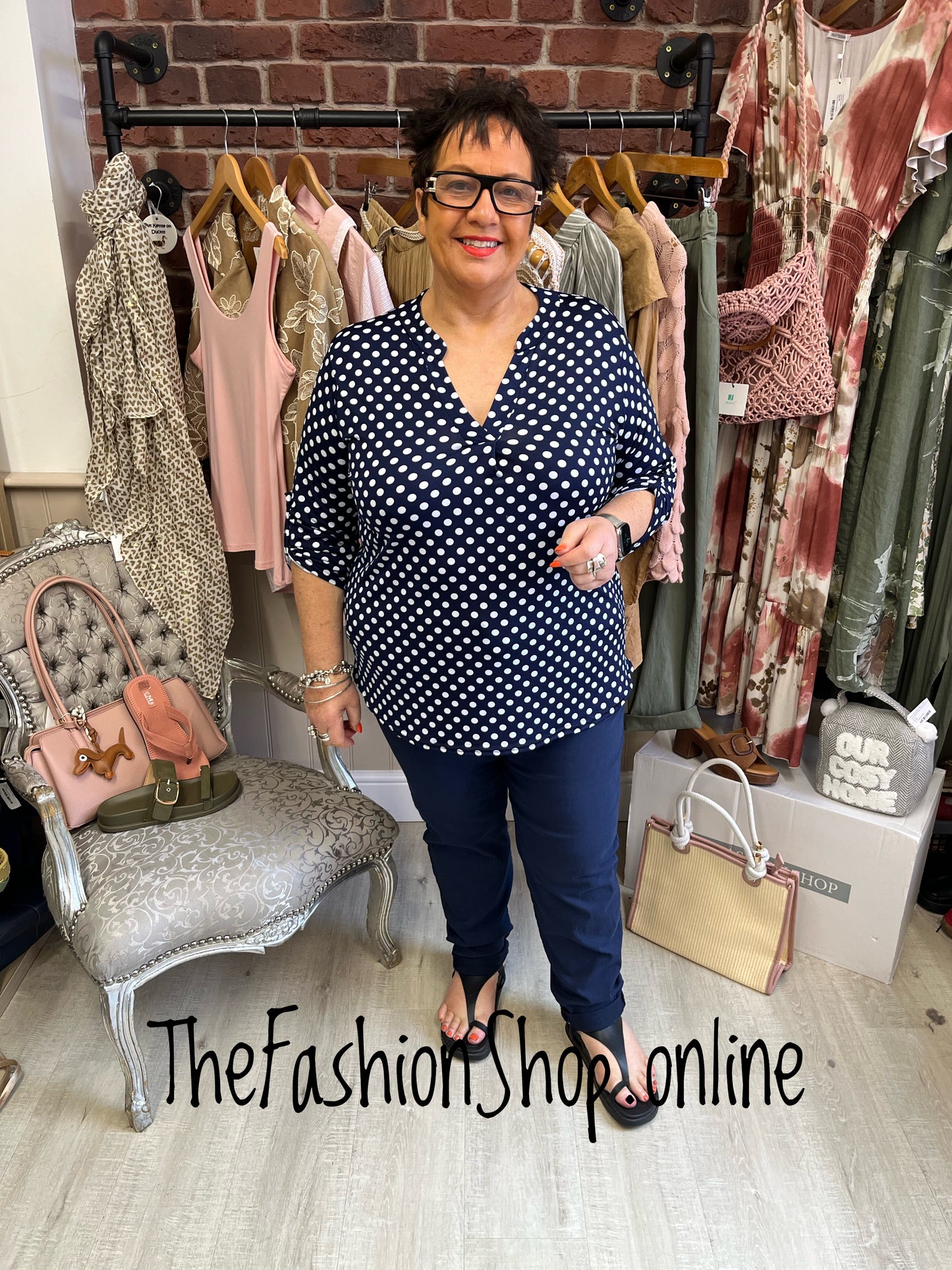 Jasmine Navy with White Polka Dot print blouse 14-22