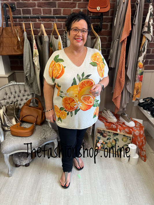 Rhianna bold oranges v neck top 16-22
