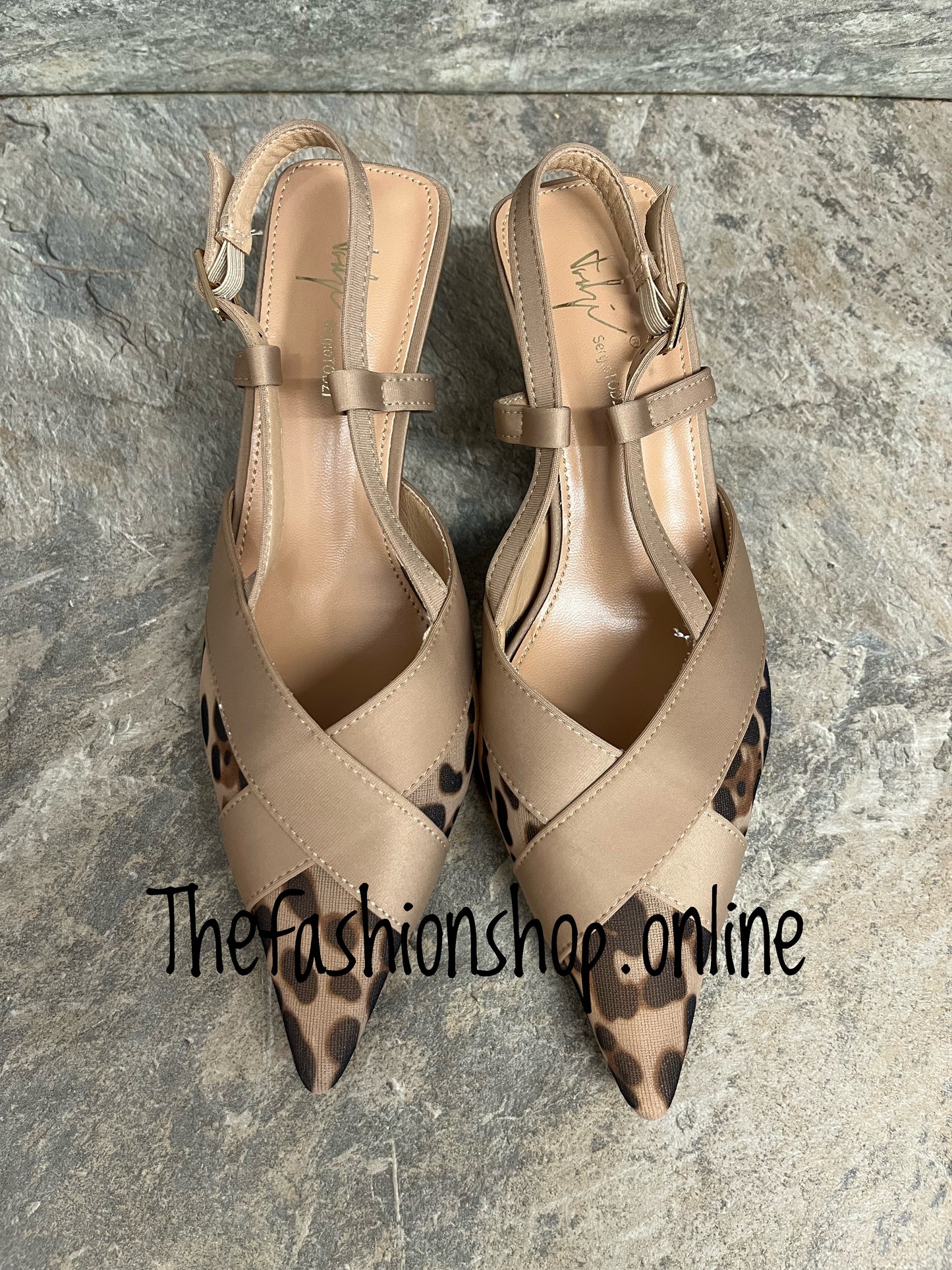 Hayley camel leopard print sling back shoe sizes 3-8