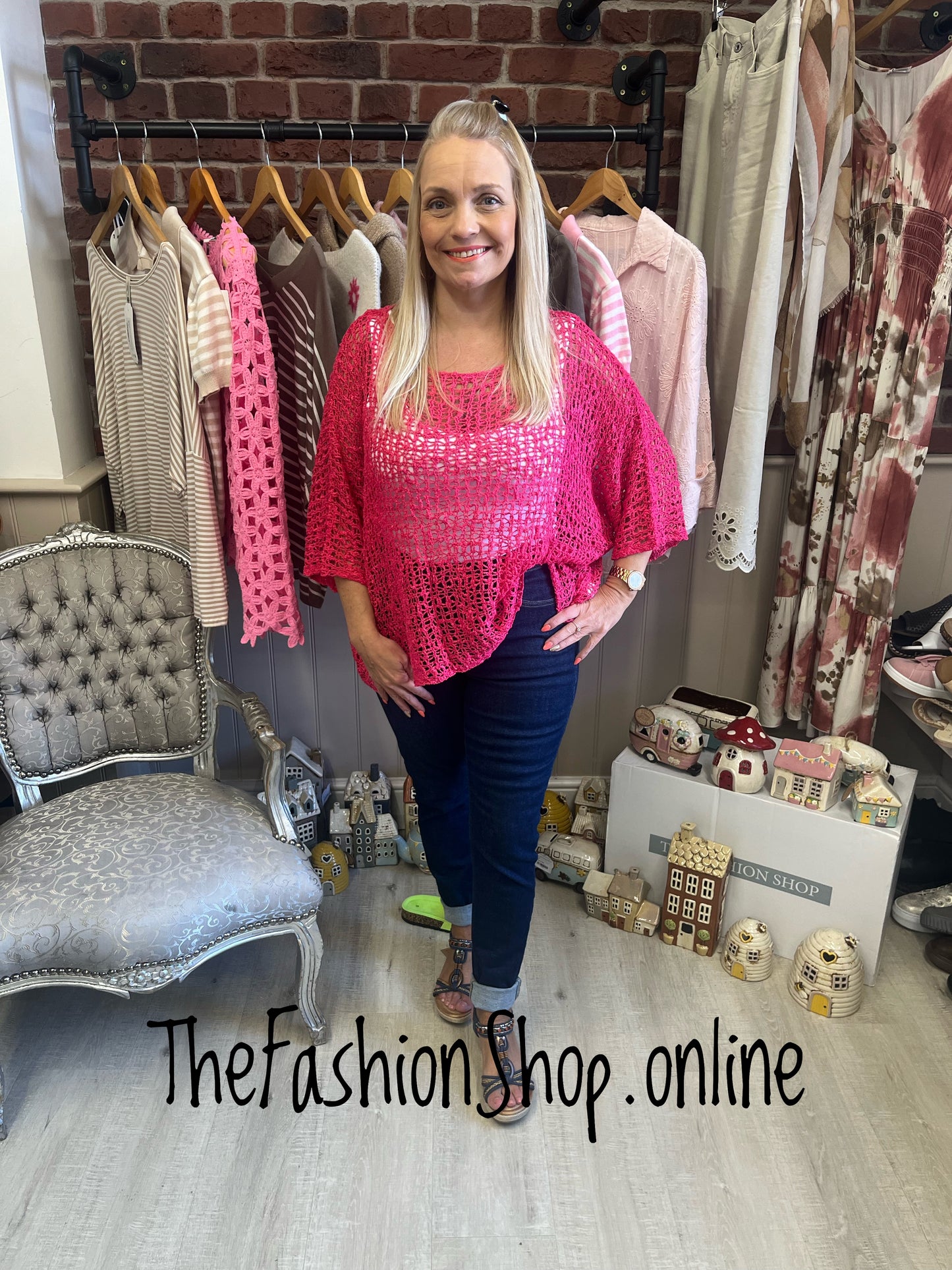 Hot Pink Popcorn Open Knit Top 10-20