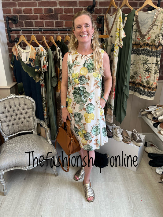 Tia green flowers and lemons shift dress 8-14