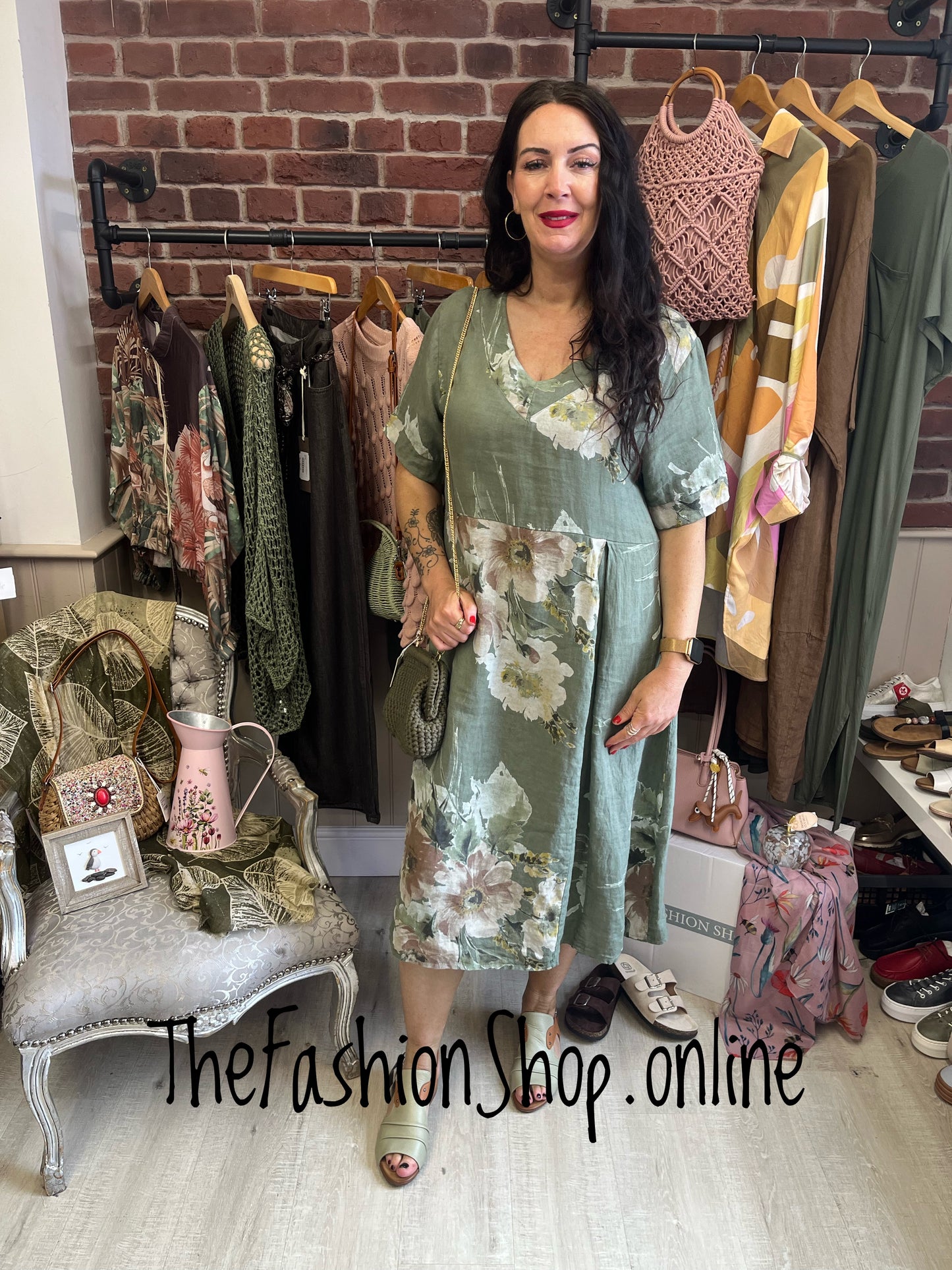 Lucille khaki linen floral dress 12-18