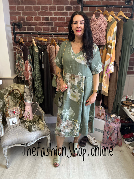 Lucille khaki linen floral dress 12-18