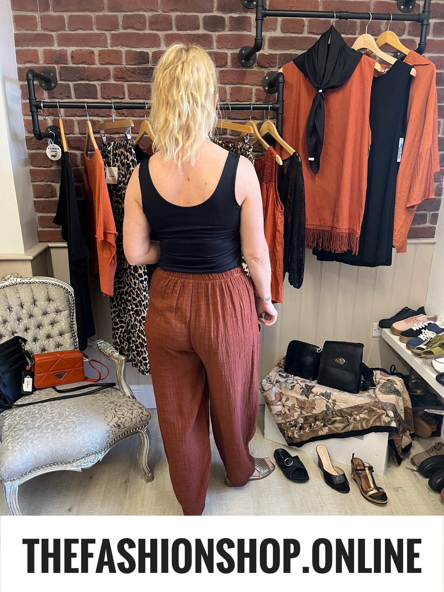 Lydia cinnamon cheesecloth trousers 10-16