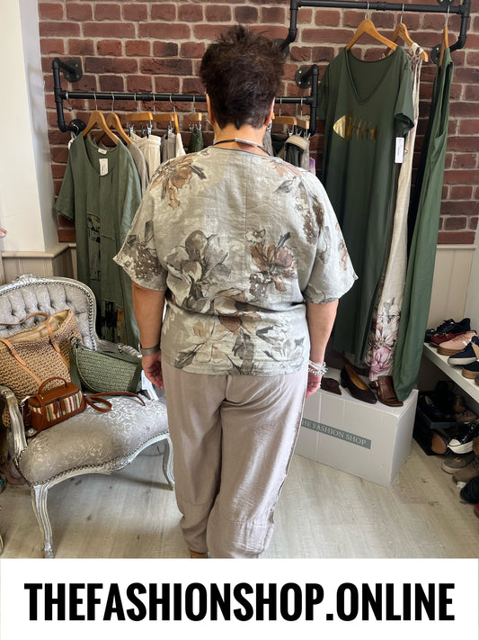Rachel mocha floral linen top 14-18
