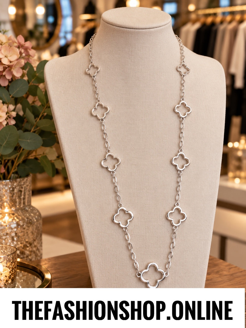 Envy long silver clover necklace
