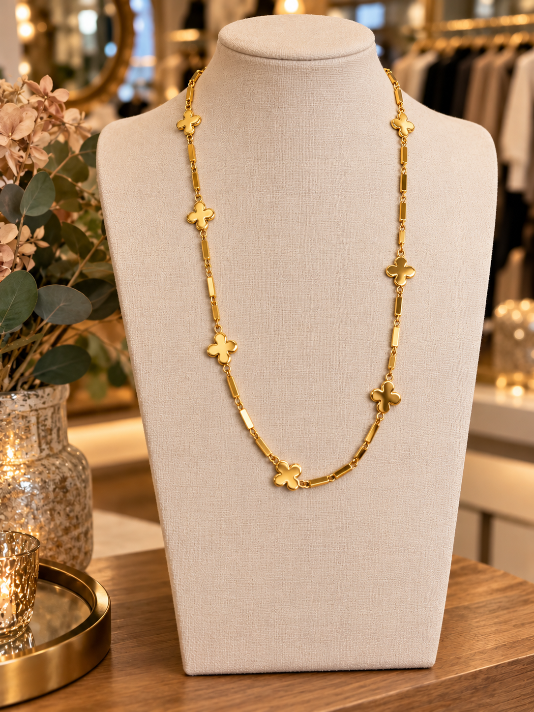 Envy long gold clover and bar necklace