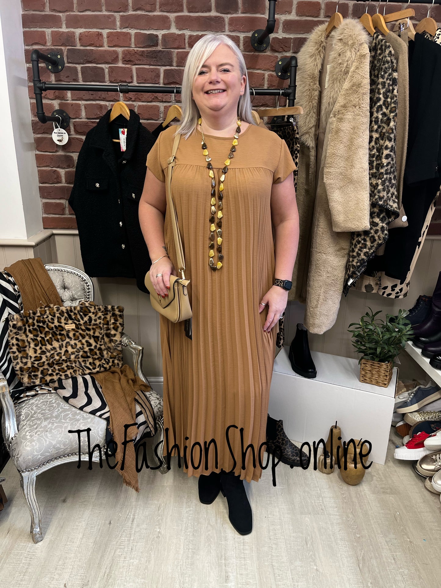 Tammy camel pleated dress 14-20