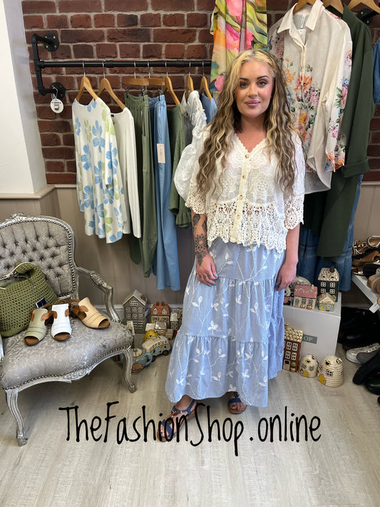 Carly blue striped tiered maxi skirt 8-10, 12-14 and 16-18