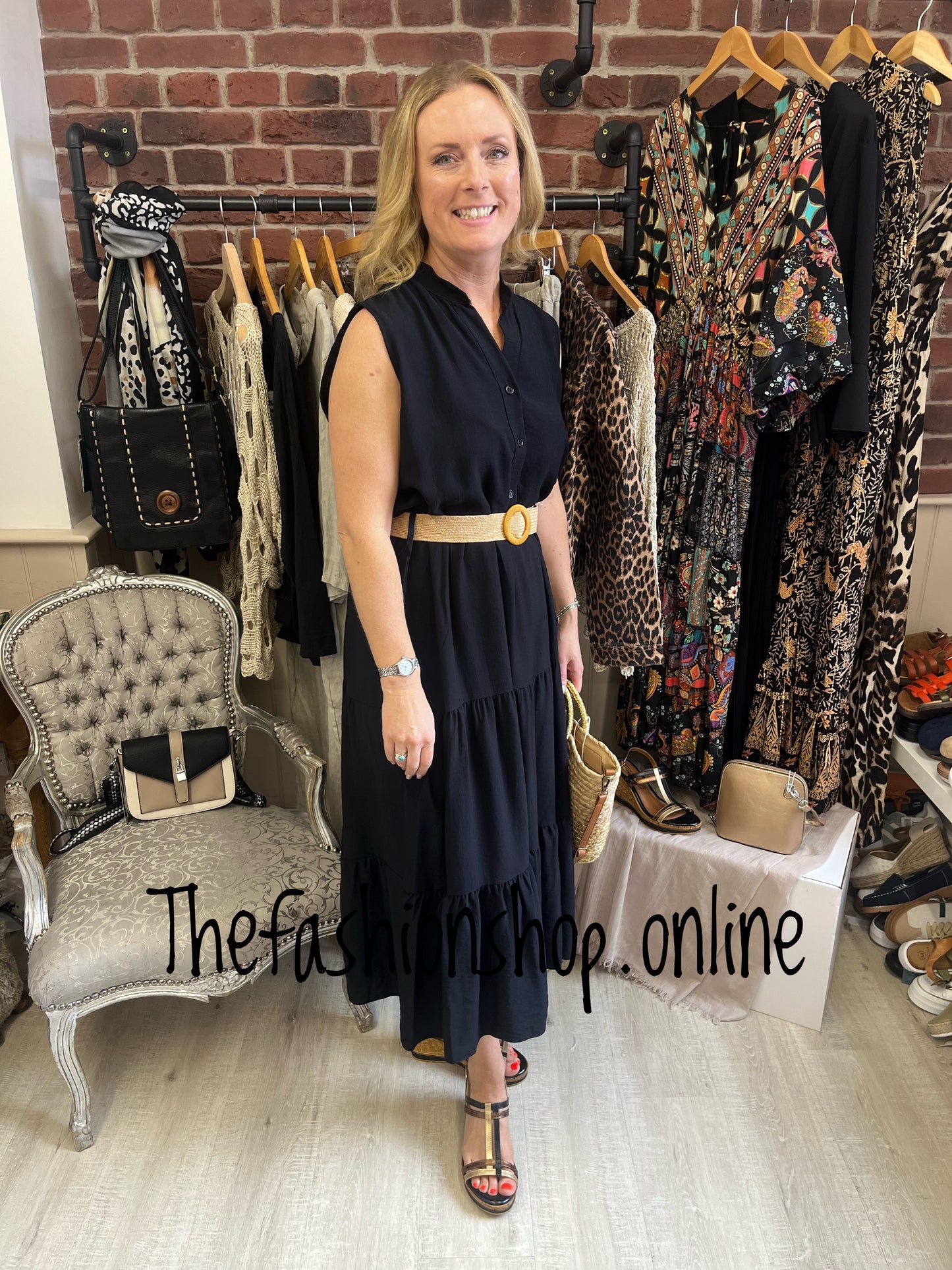 Opulent Leona black tiered dress with belt 8-16