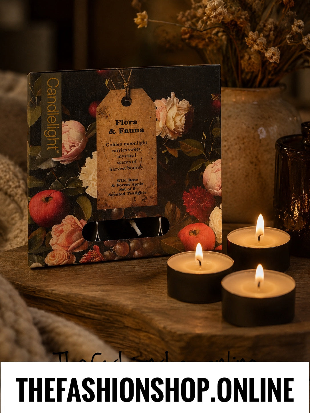 Candlelight Set of 9 Tea Lights Flora and Fauna Wild Rose and Forest Apple