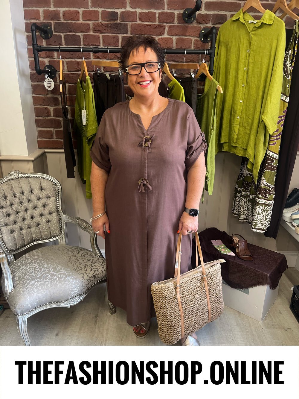 Ashley brown linen mix dress 14-22