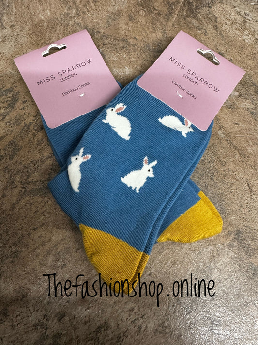 Miss Sparrow Blue Rabbits Bamboo socks 3-7