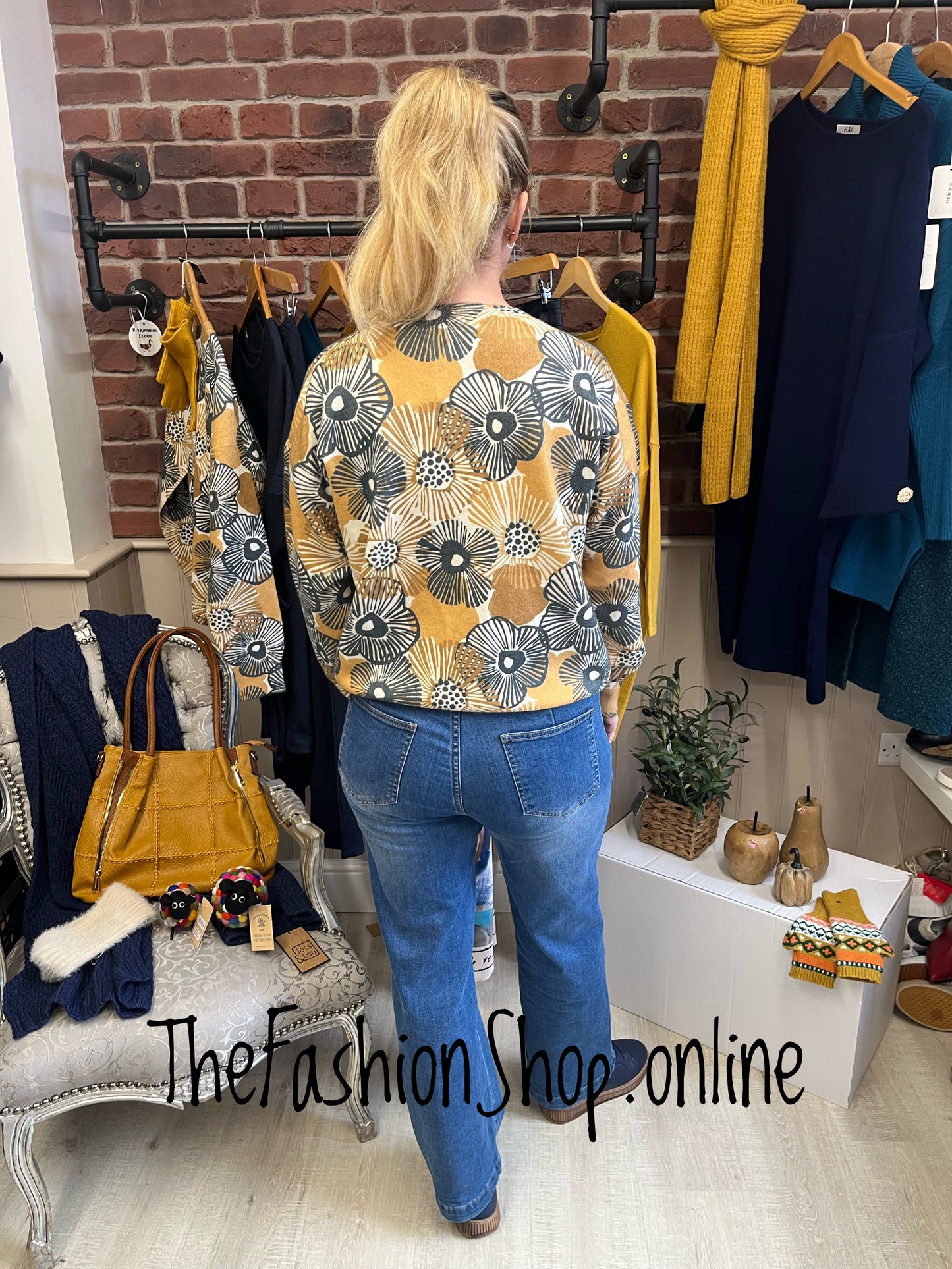 Hallie navy and mustard flowers wool mix jumper 8-14