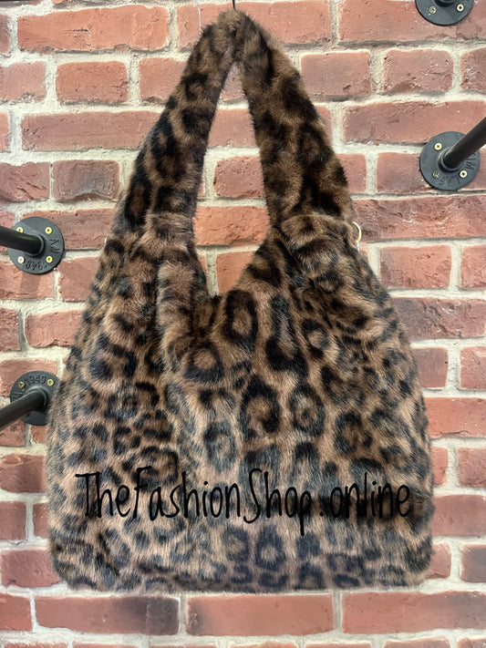 Harlow coffee brown leopard print faux fur shoulder bag