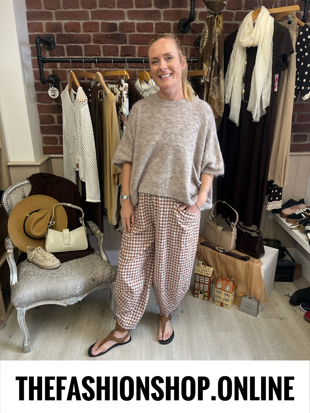 Sally camel gingham tulip hem trousers 8-16