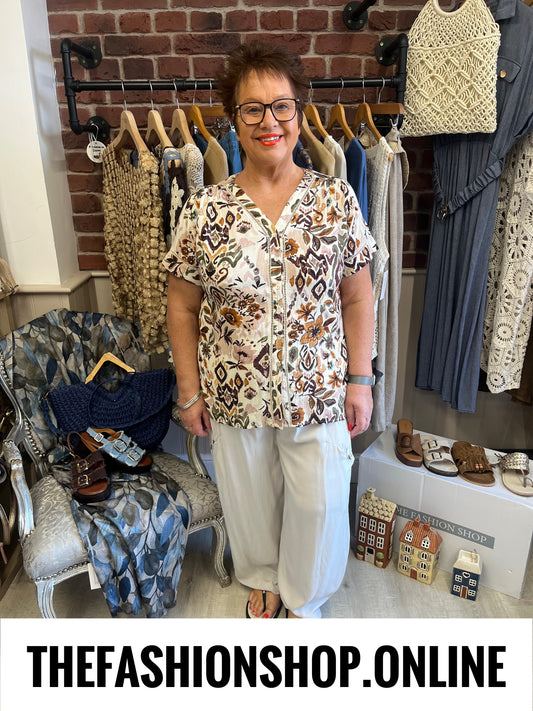Naomi brown and khaki printed shirt sizes 12, 14 , 16 and 18