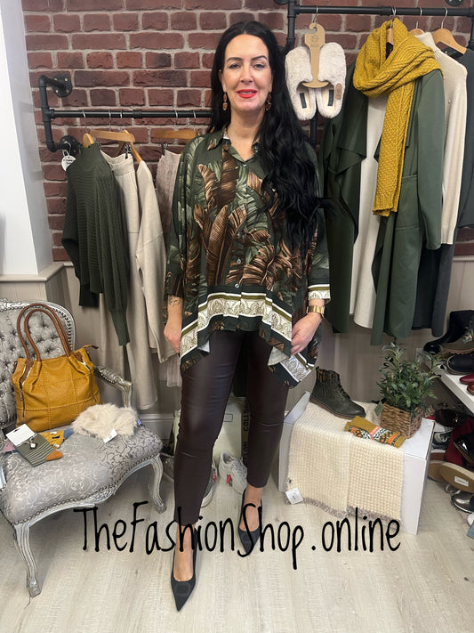 Kara khaki dipped hem leaf shirt 8-18