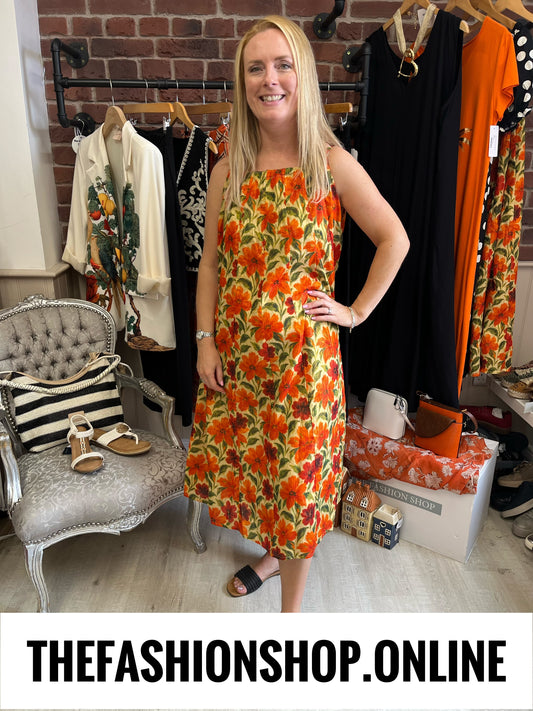 Casey red and orange botanical flowers dress 10-18