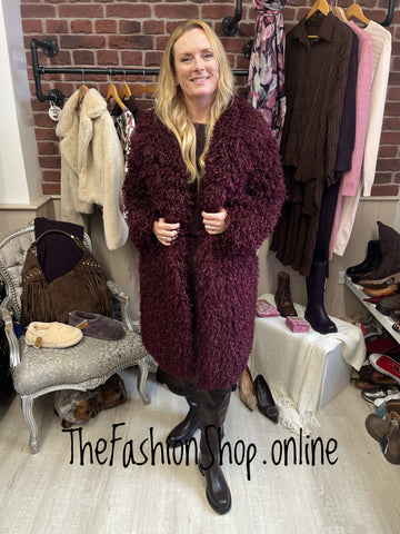 Abigail wine shaggy fur coat sizes 12, 14 and 16