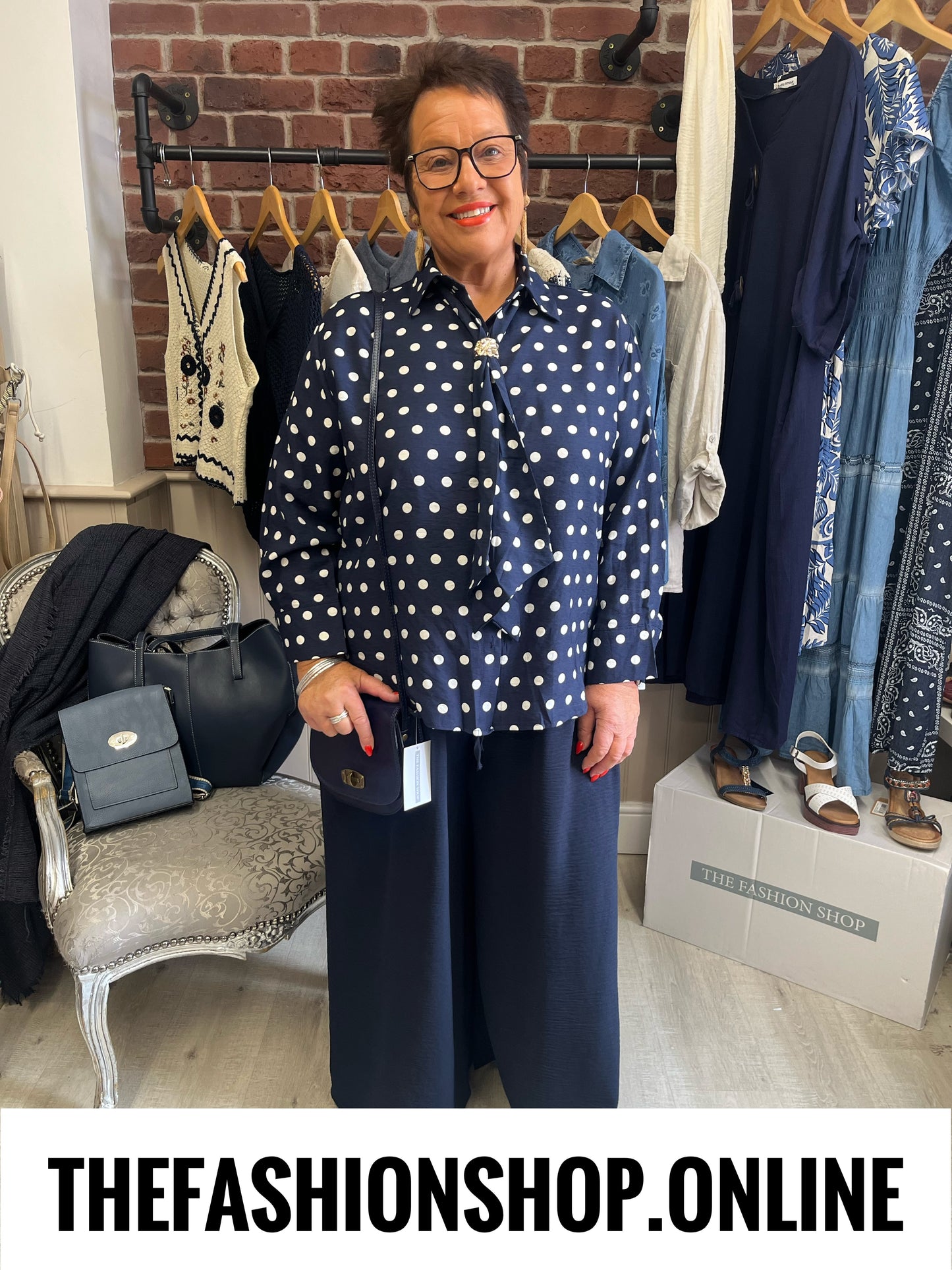 Norah navy polka dot linen mix blouse 14-20