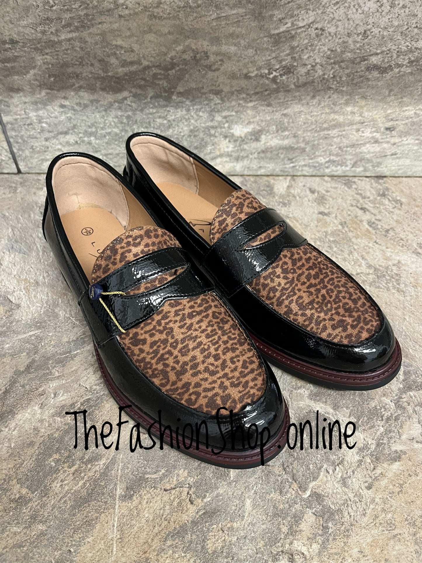Lunar Titan black patent leopard print loafers sizes 4-8 (37-41)