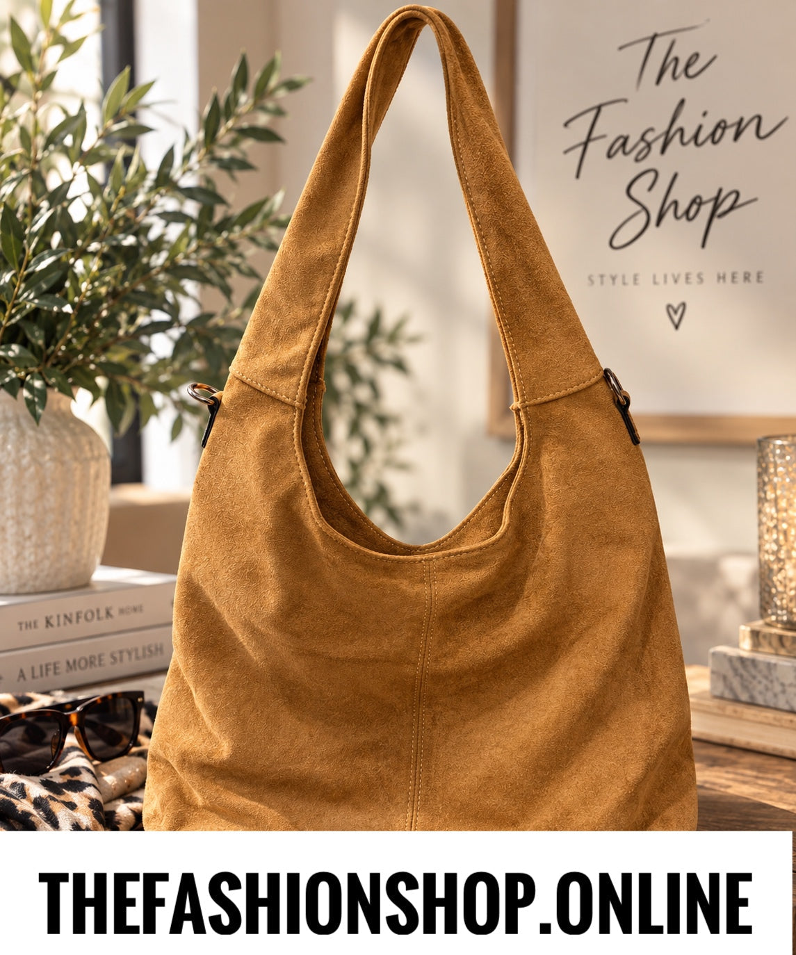 The Rowan Faux Suede Shoulder Bag in Camel