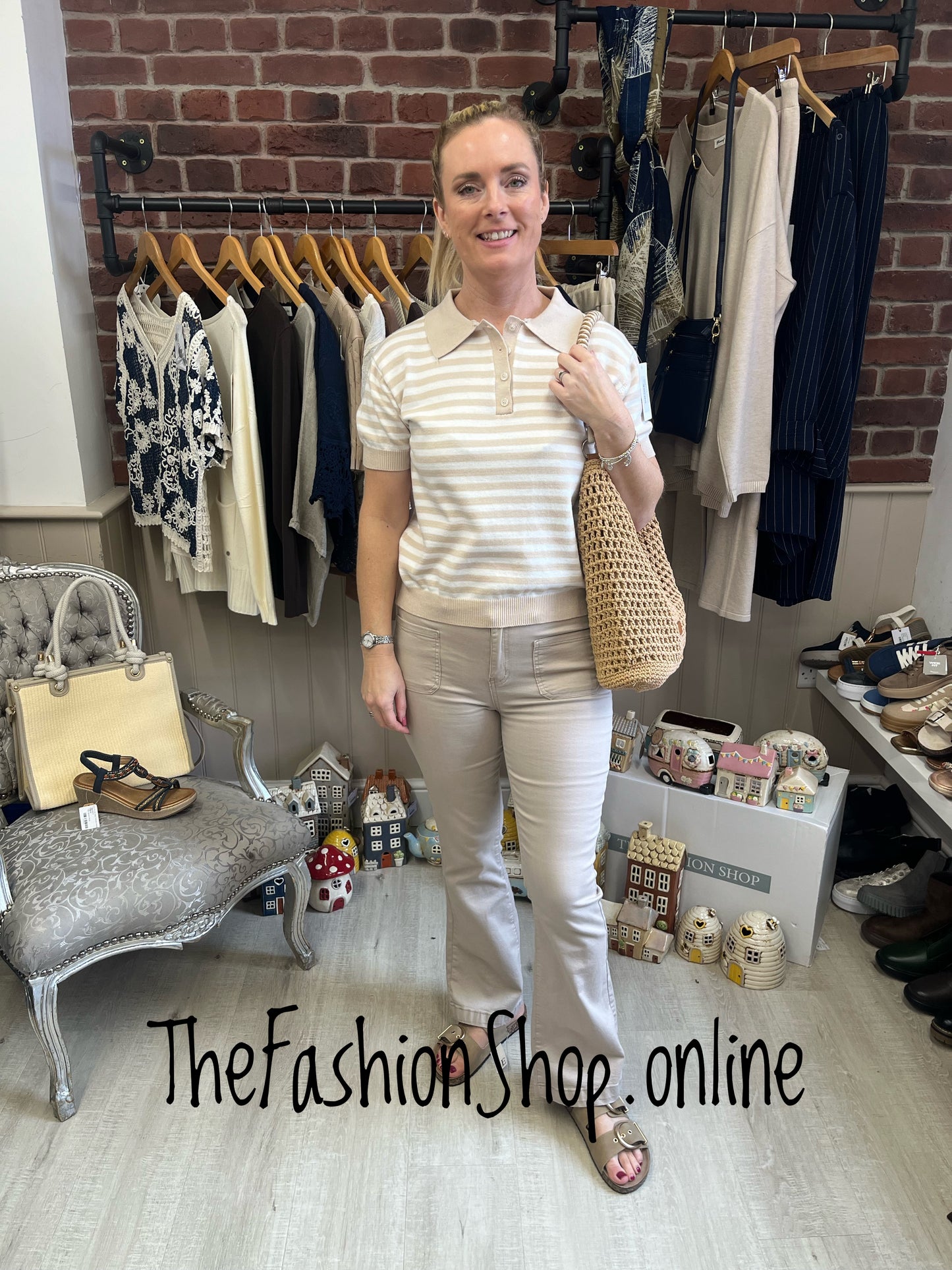 Katie beige and white stripe knitted top 8-14