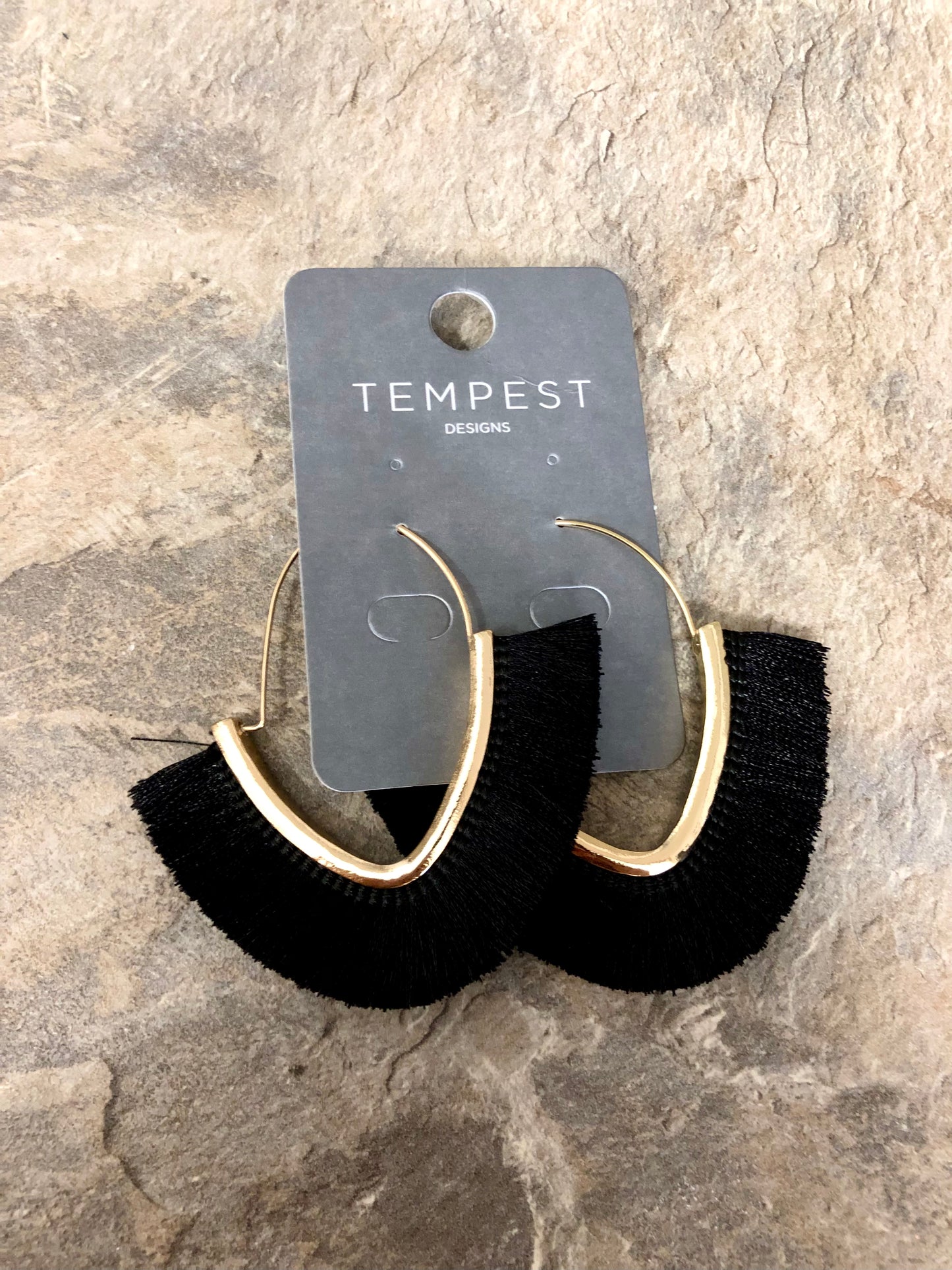 Sarah Tempest large black tassel hoop earrings