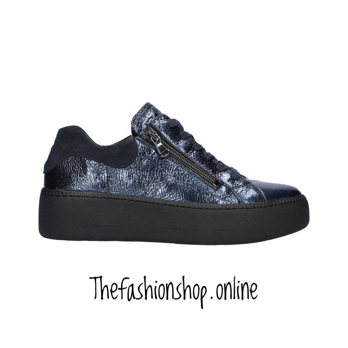 Navy wide fit Waldlaufer lace up with side zip leather trainer sizes 4-8