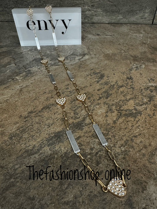 Envy long gold and silver hearts and bars necklace