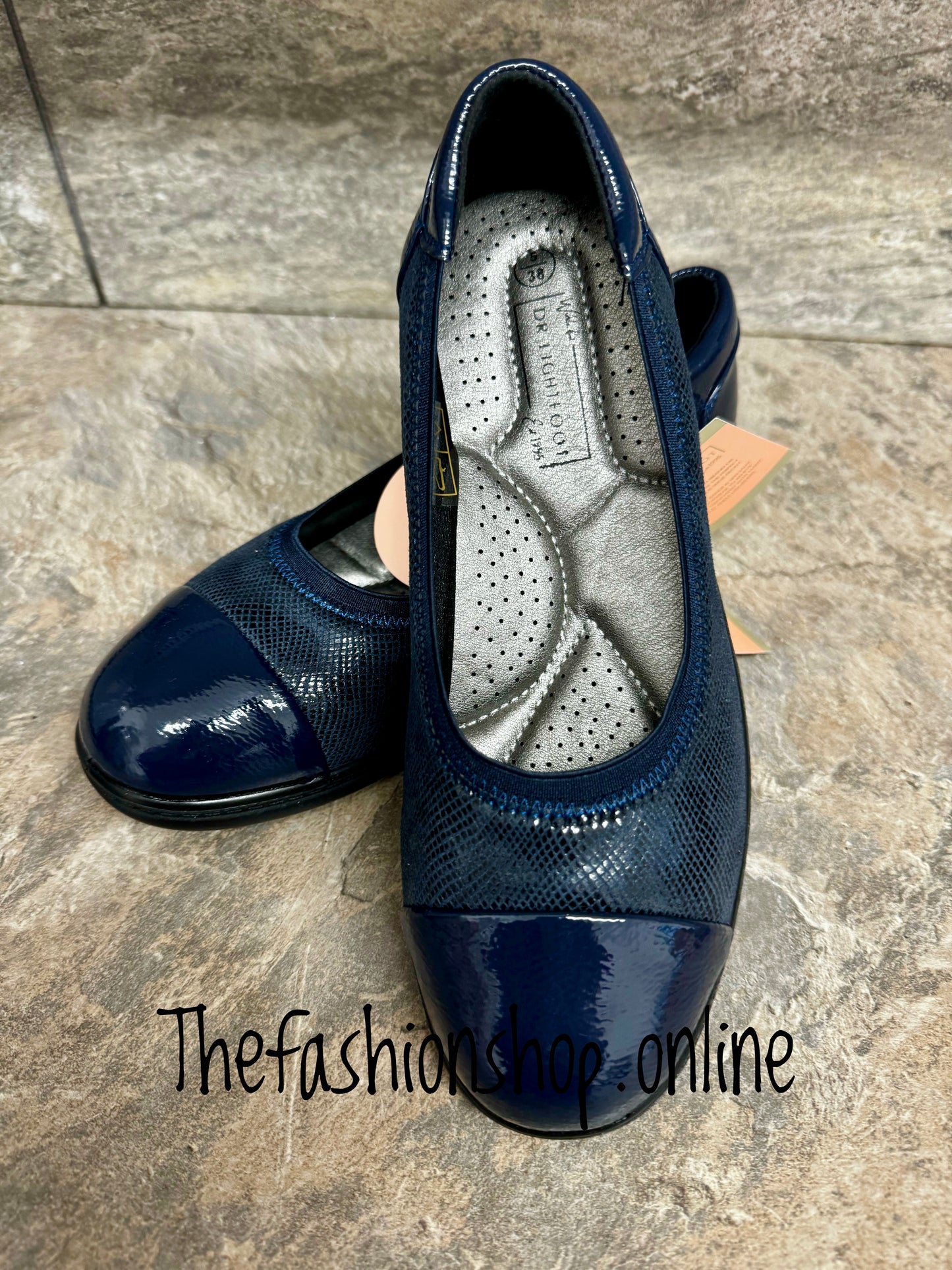 Dr Lightfoot Navy Wide E Fit Patent Shoe sizes 3-8