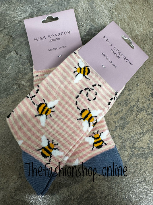 Miss Sparrow Dusky Pink and Cream Bumble Bees Bamboo socks 3-7