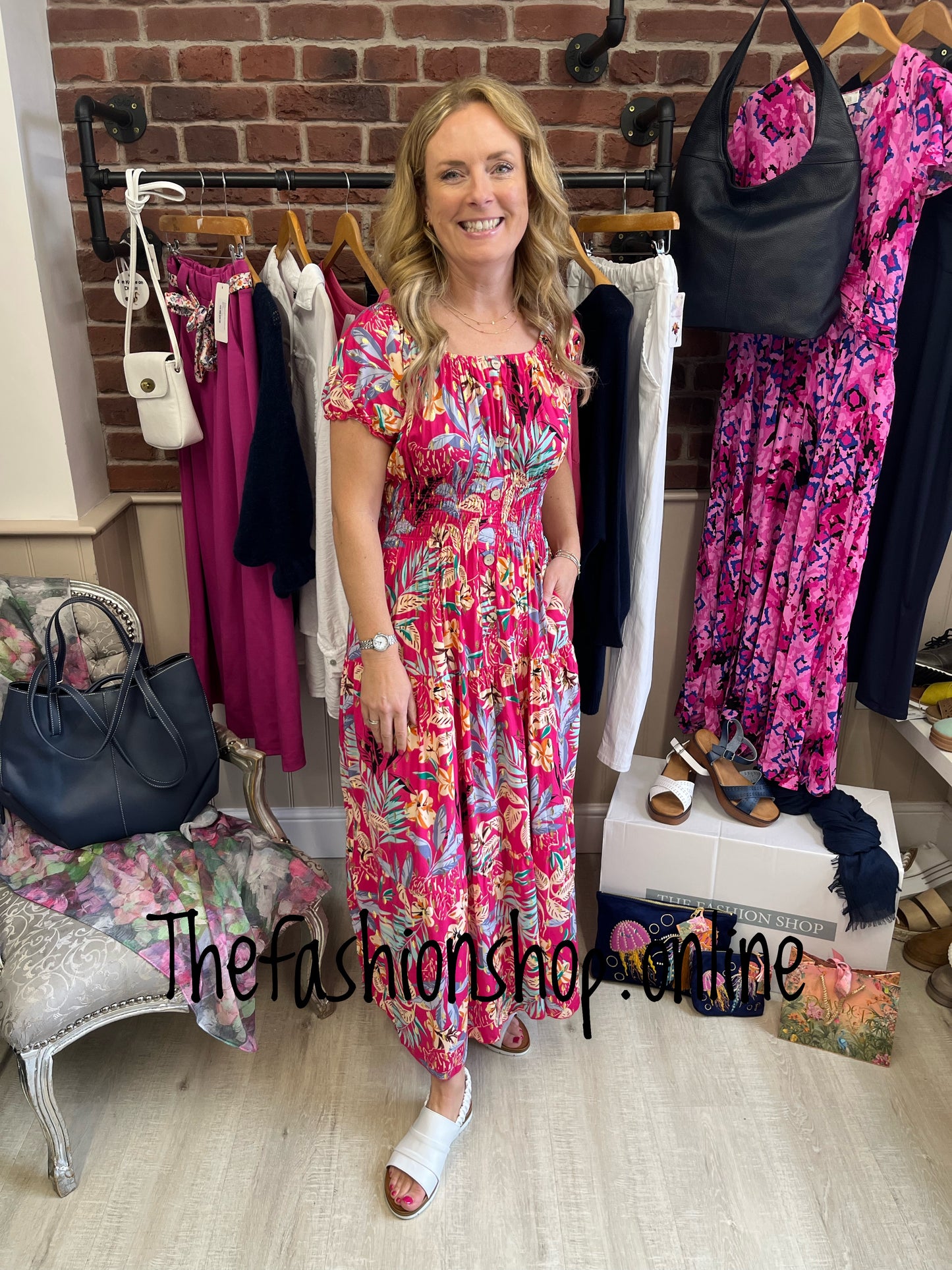 Lillie hot pink palm leaf gypsy maxi dress 8-18