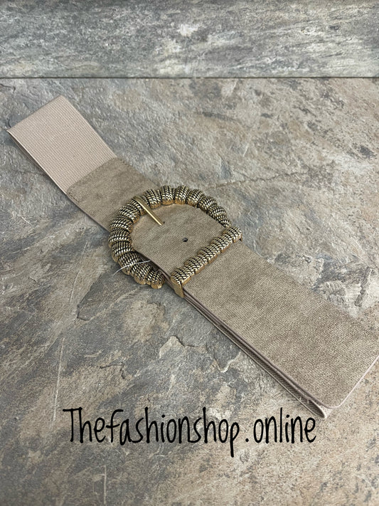 Beige faux suede gold buckle belt
