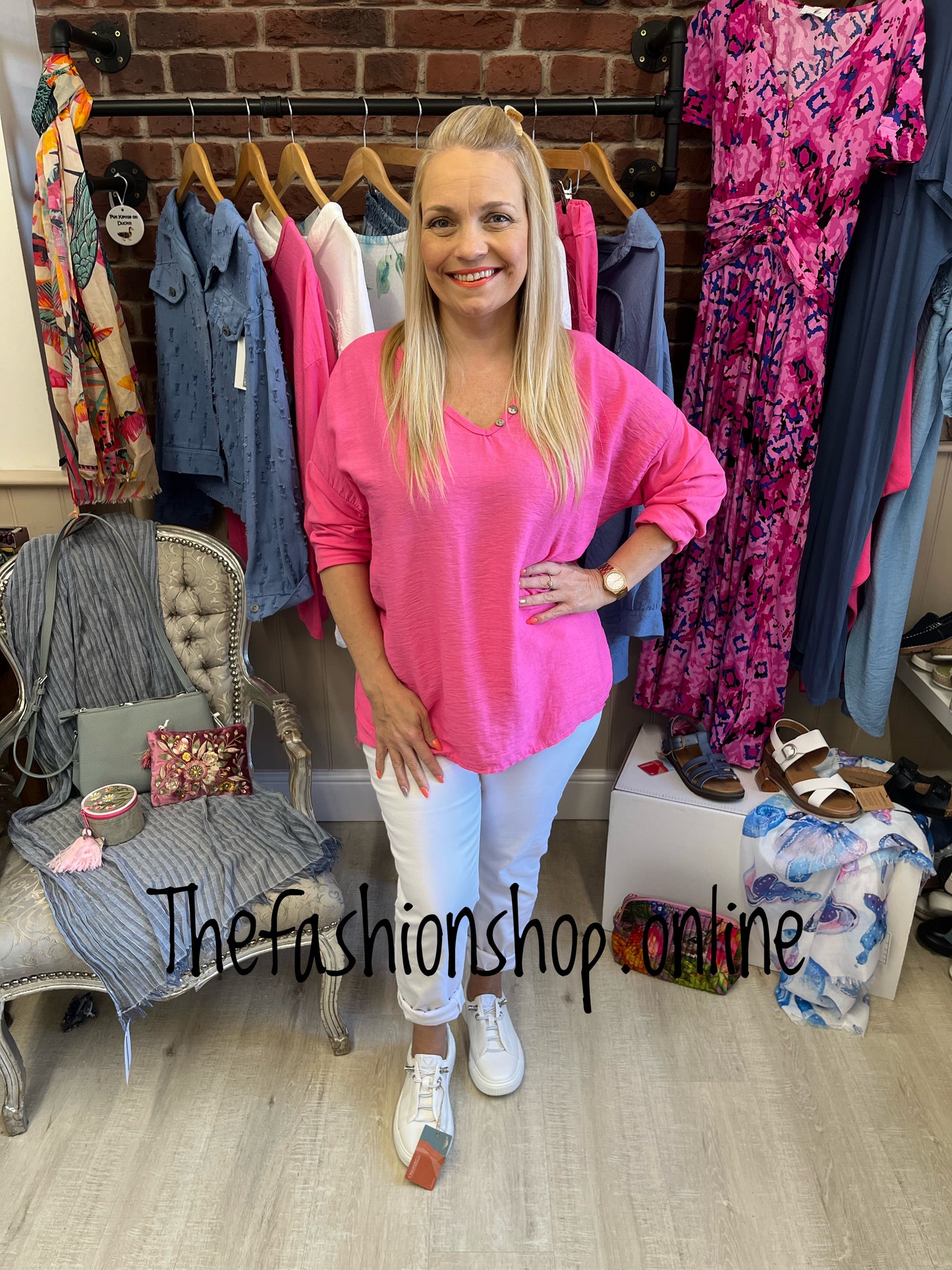 Tasha hot pink button neck detail top 12-16