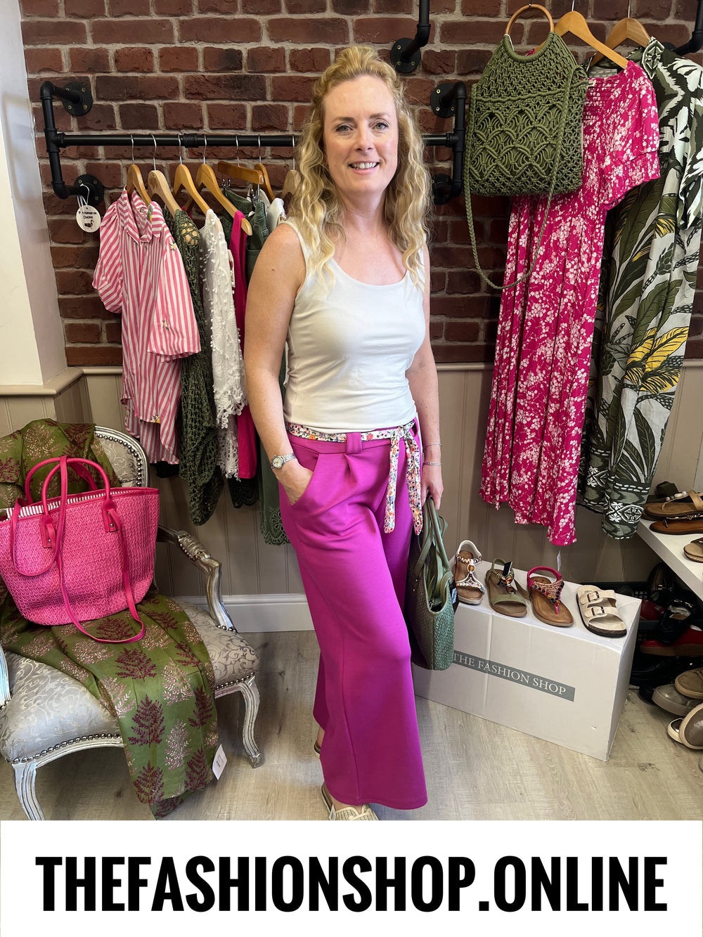 Bridget pink wide leg trousers with floral belt 8-12 and 14-16