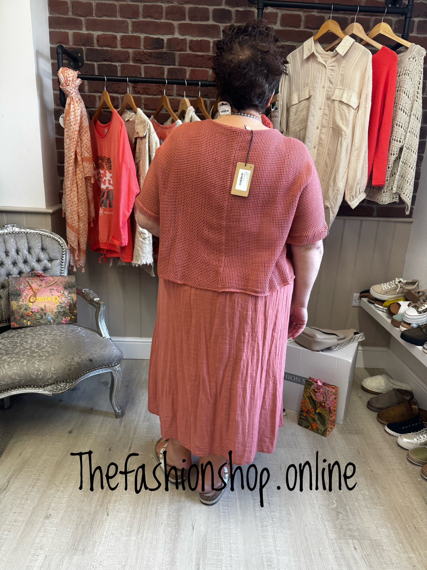 Leah brick dress with mesh overlay 8-18