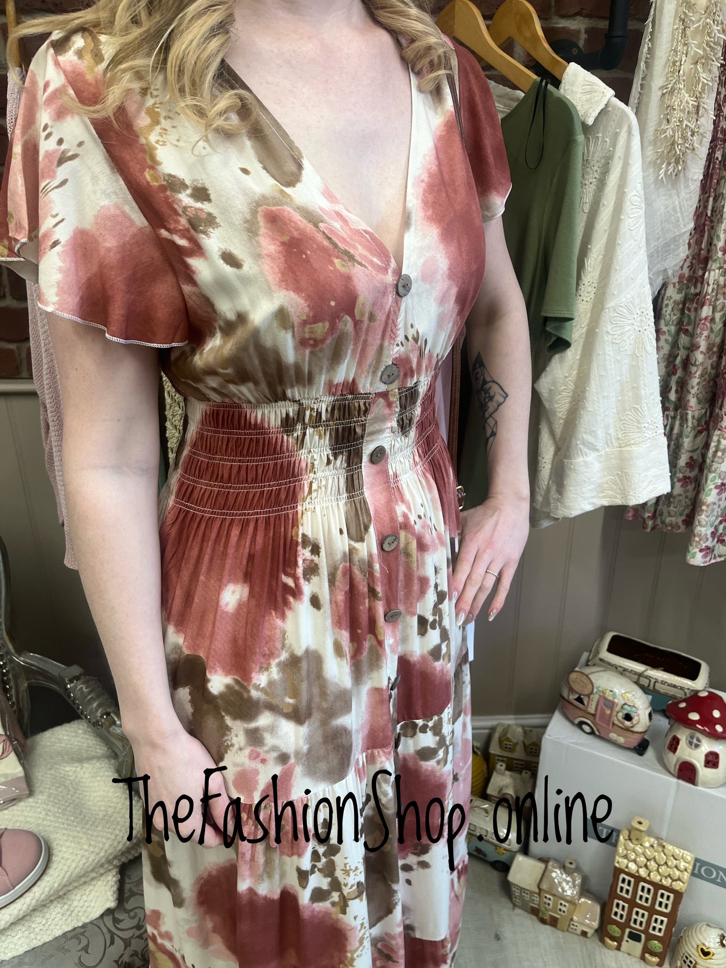 Harmony pink, taupe and cream printed dress 10-18