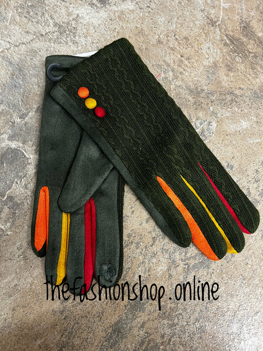 Khaki button detail gloves