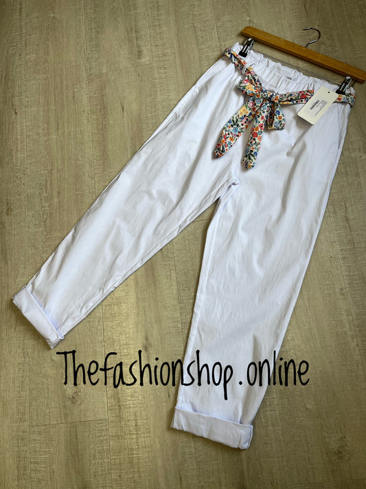 White classic magic trousers with floral belt 10-16 and 18-22