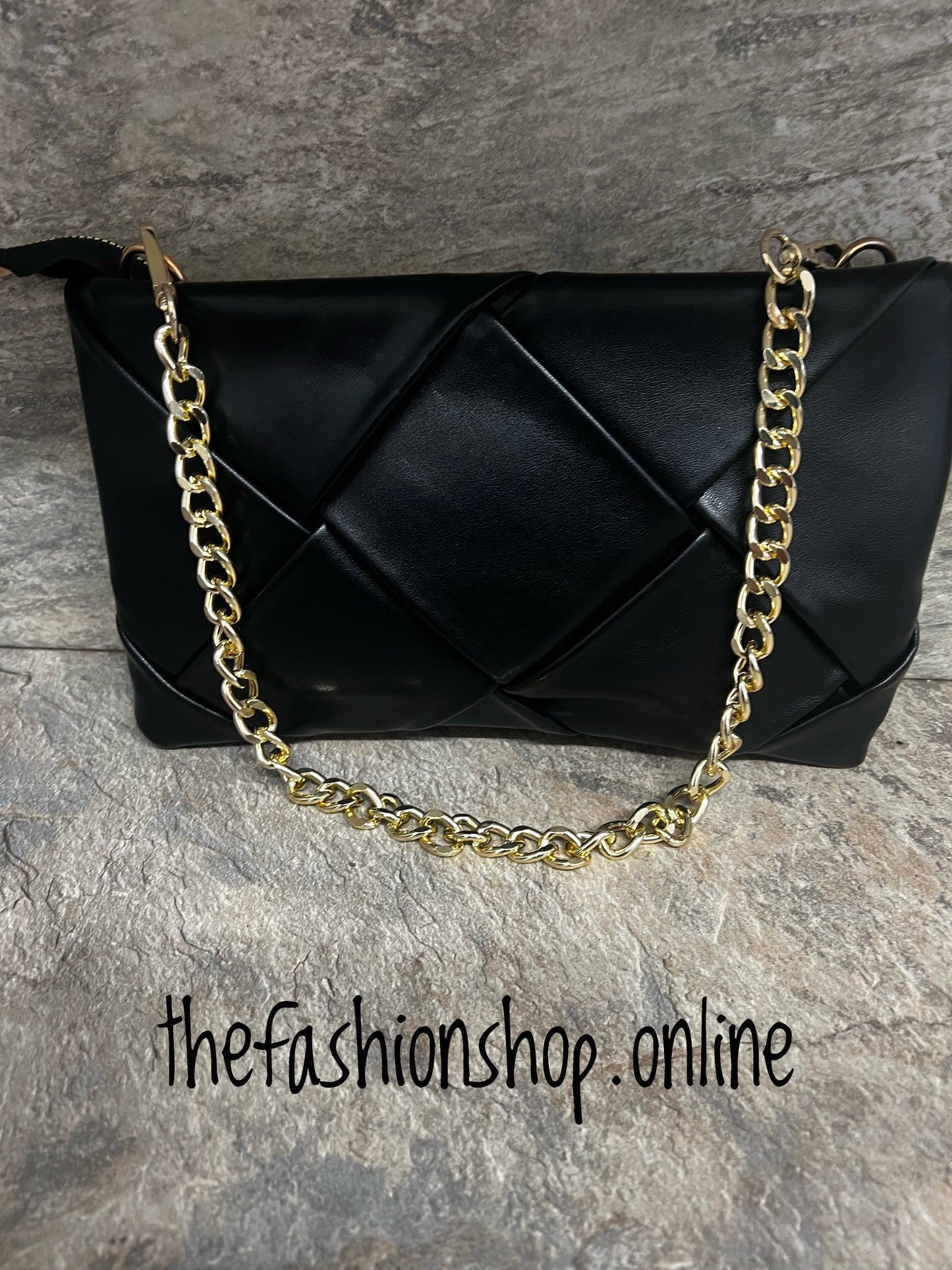 Black quilted woven bag with chain strap