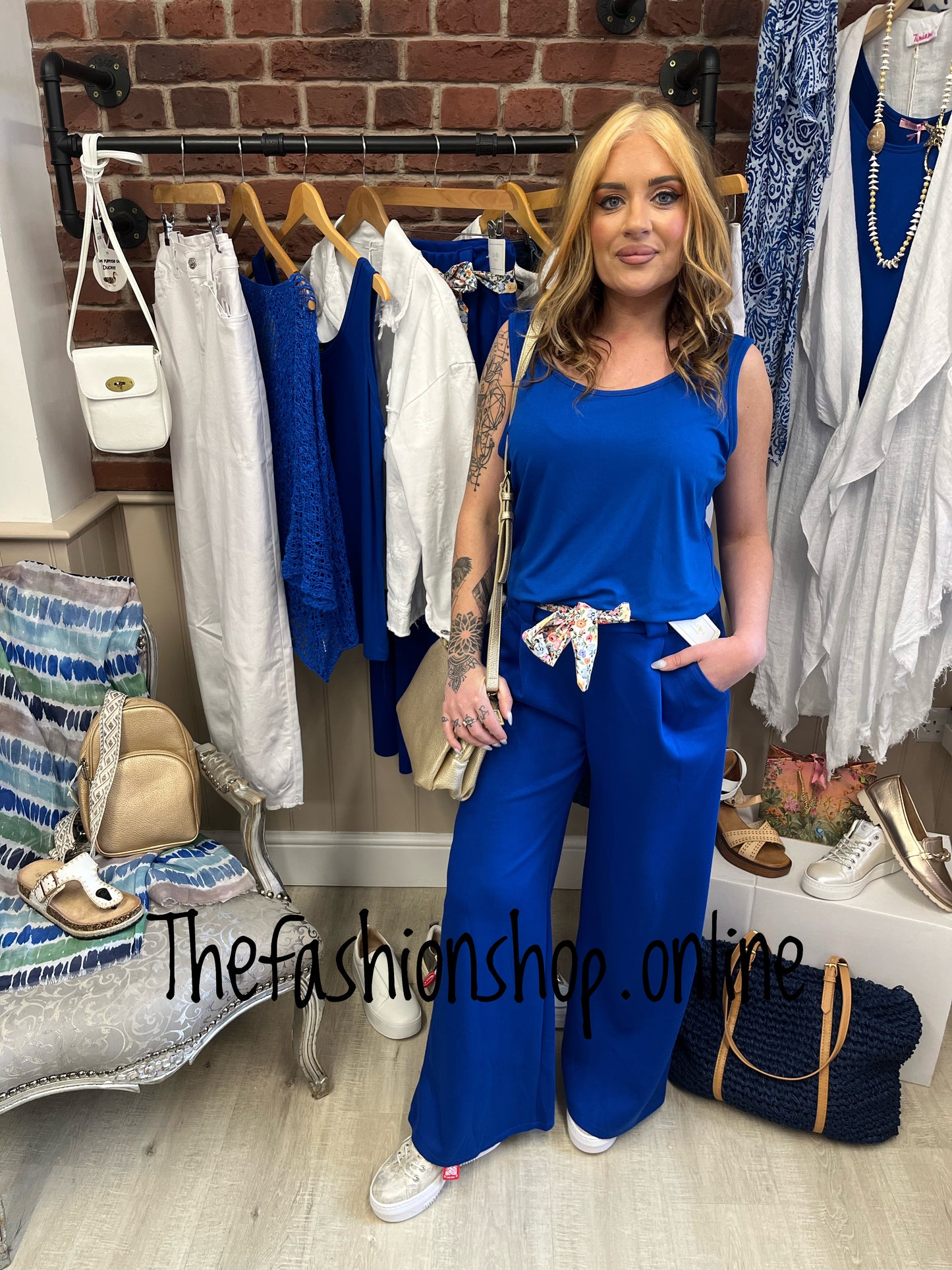 Bridget royal blue wide leg trousers with floral belt 8-12 and 14-16