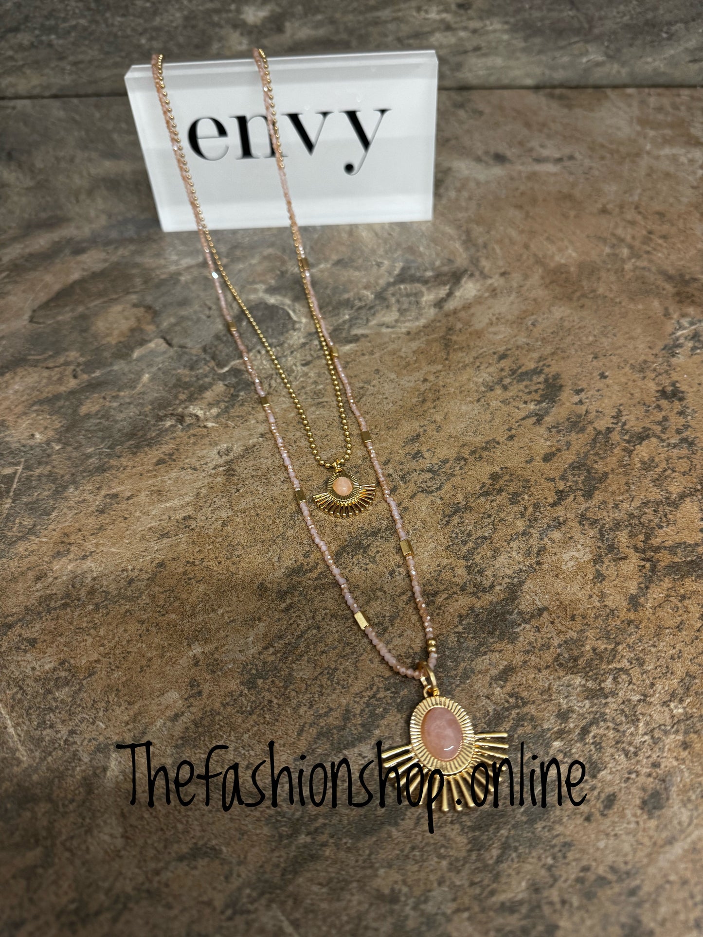 Envy long gold and pink fan necklace