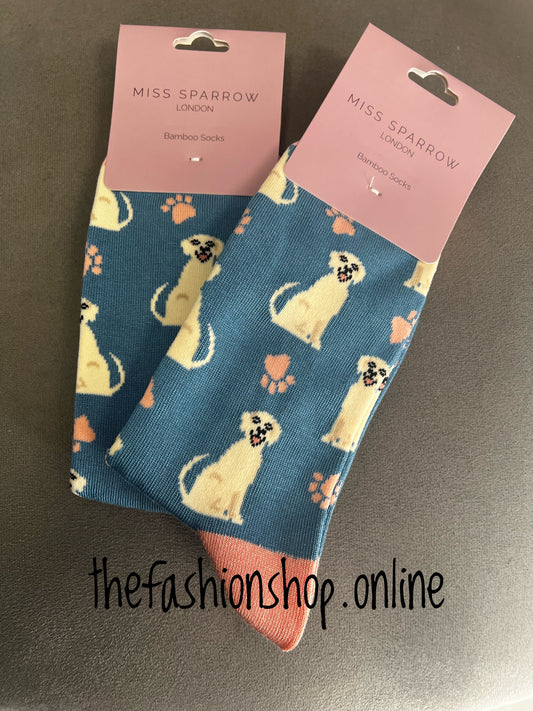 Miss Sparrow Blue Happy Labrador Bamboo socks 3-7