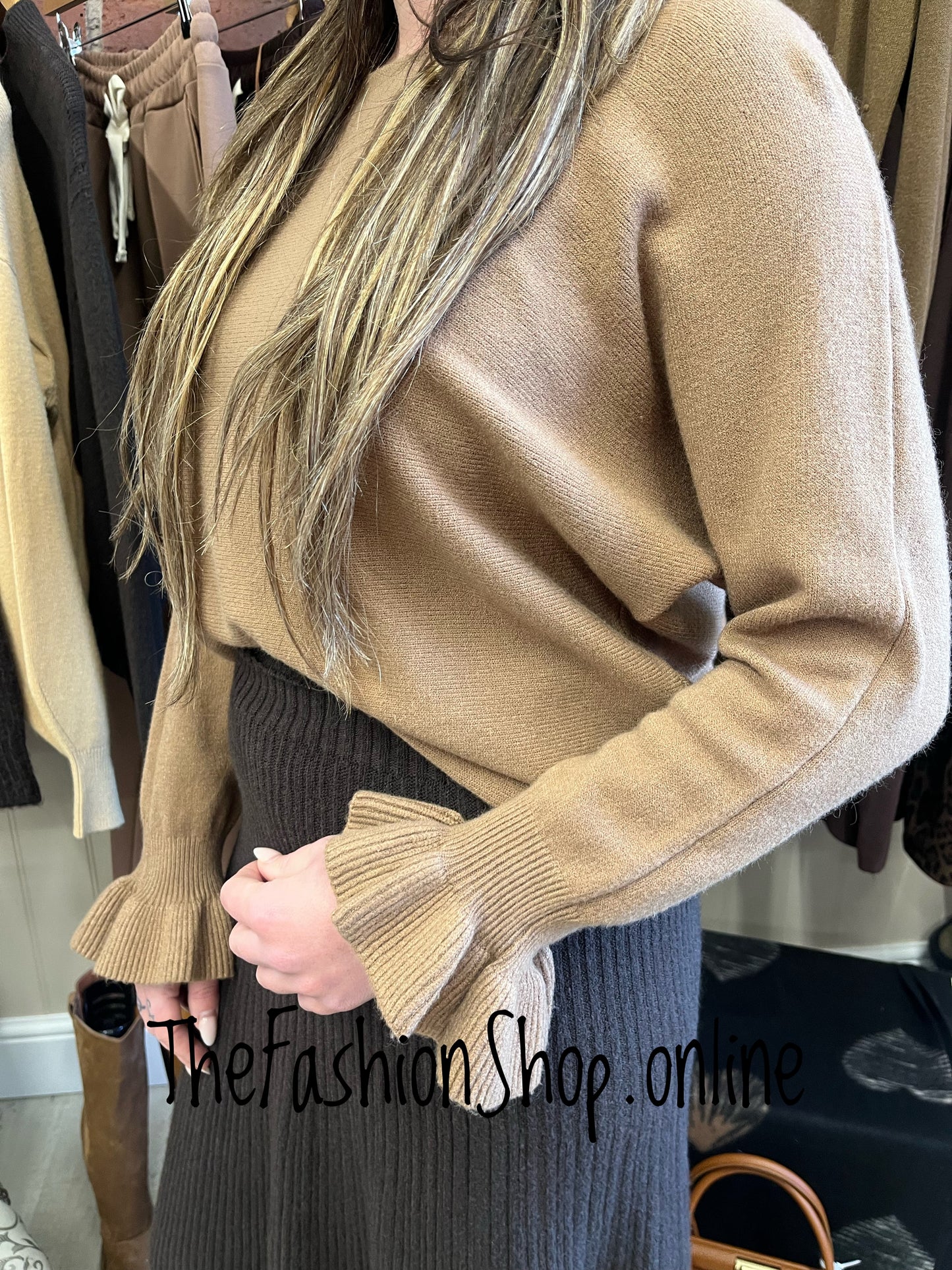 Della camel frill cuff jumper 8-16