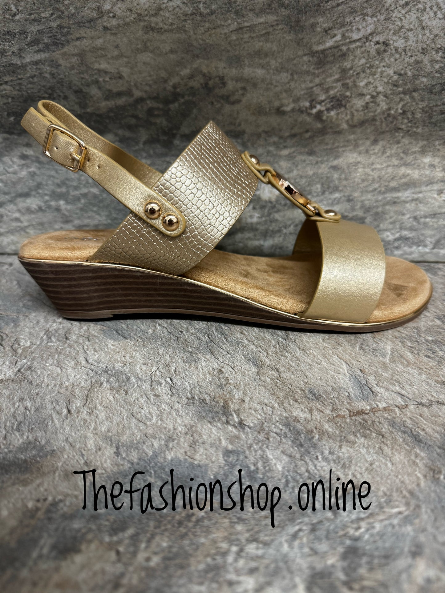 Gold Raquel wedge sandal sizes 3-8