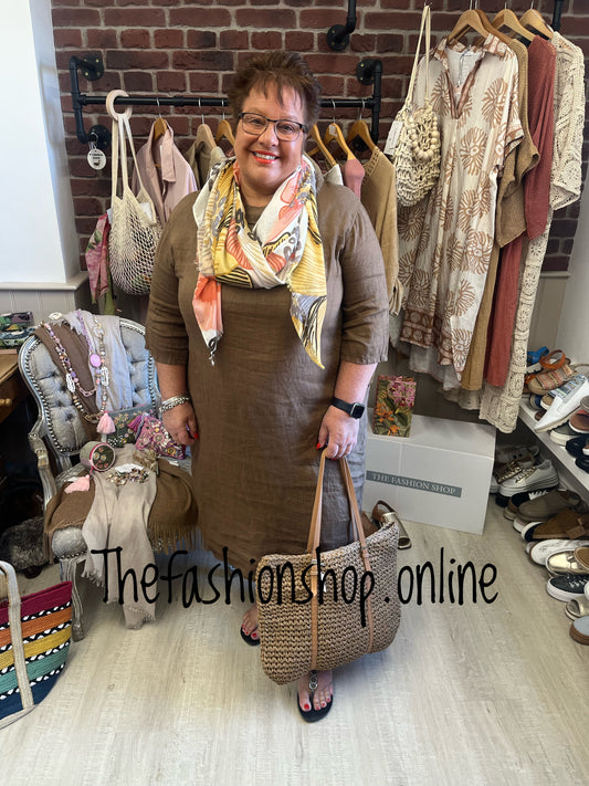 Evelyn brown linen cocoon dress 16-22